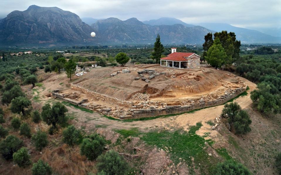 A handout photo released by the Greek Ministry of Culture on Tuesday shows the excavations site with remains of a palace of the Mycenaean period (17-16 century BC.), bearing important inscriptions in archaic Greek, discovered near Sparta in the Peloponnese region of Greece.