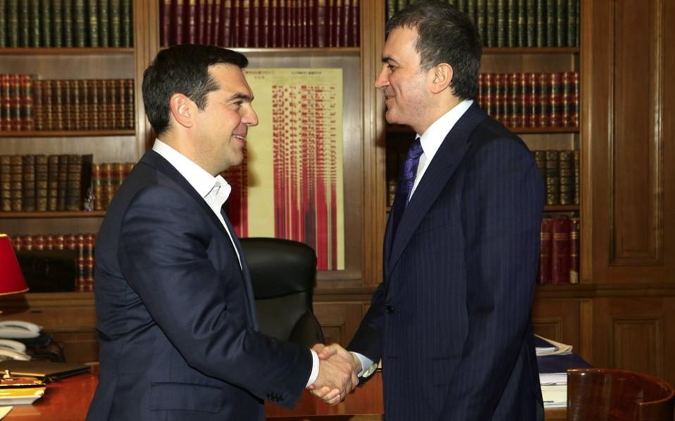 MinisGreek PM Alexis Tsipras and Turkey's Minister for European Affairs Omer Celik met at the Maximos Mansion on Wednesday.