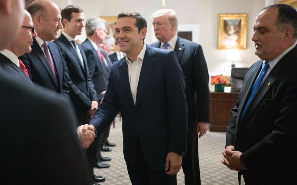 Deputy chief of protocol at the State Department Michael Karloutsos (at right), was at Prime Minister Alexis Tsipras’s side throughout his Washington visit.