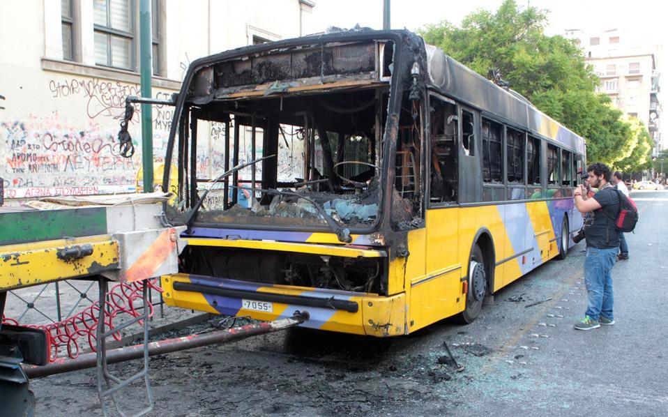 Trolley bus torched in Athens