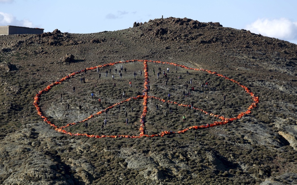 A peace sign on a Lesvos hill