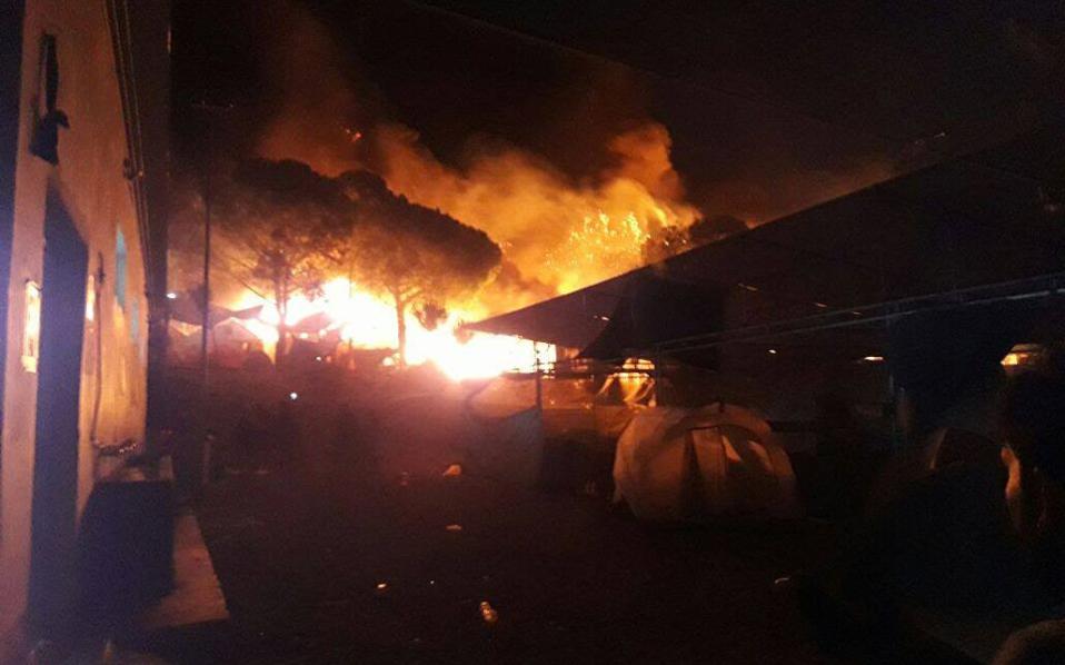 Fire sweeps through migrant camp on Lesvos