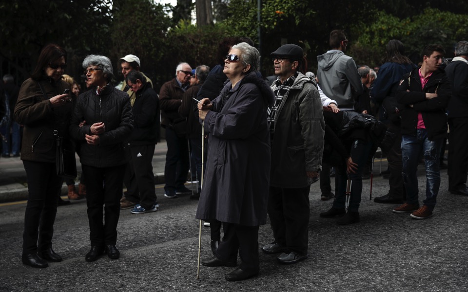 Blind demonstrators protest against austerity in Athens