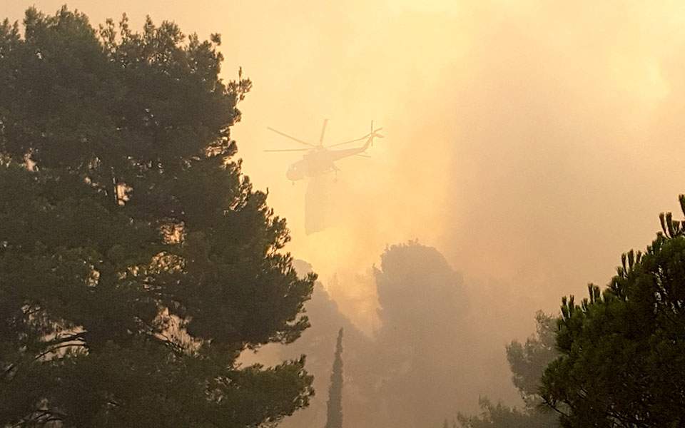 Firefighters battle blaze burning through Pylaia pine forest