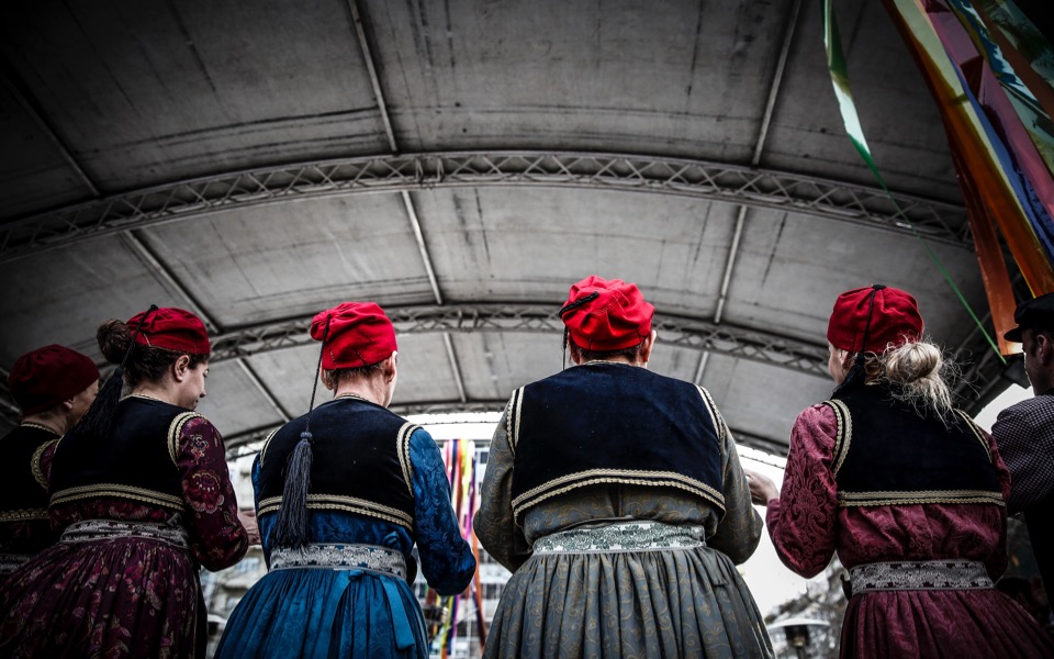 Folk dancers celebrate Carnival in downtown Athens
