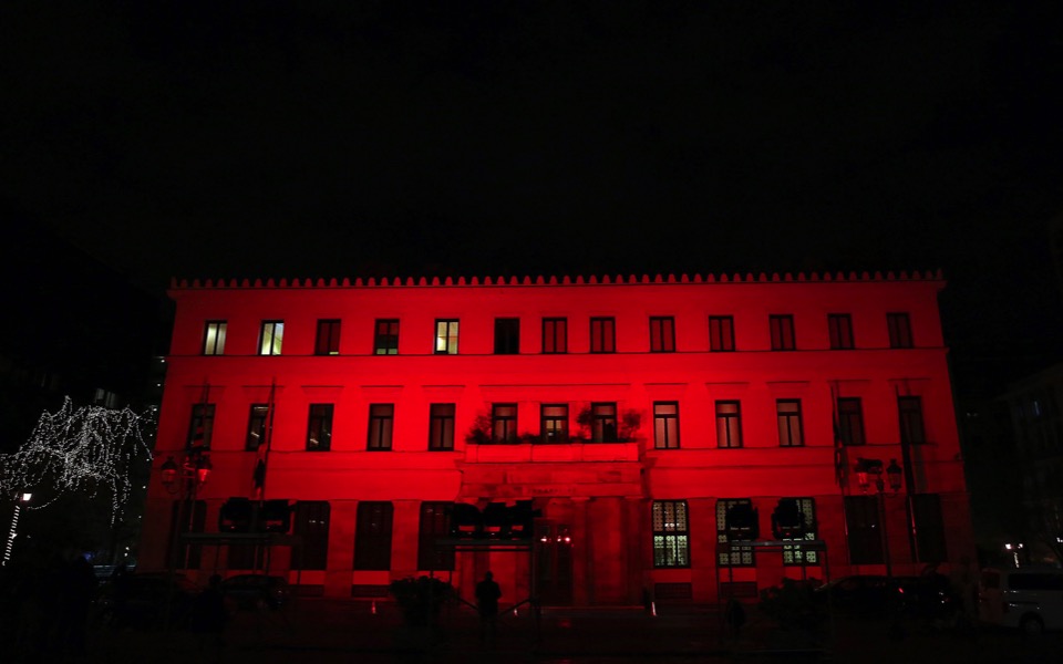 Athens City Hall lit up in the colors of the Turkish flag