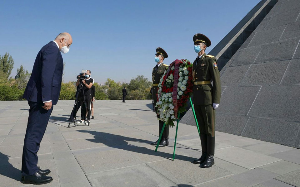 Greek FM starts Yerevan visit, lays wreath at Armenian Genocide memorial