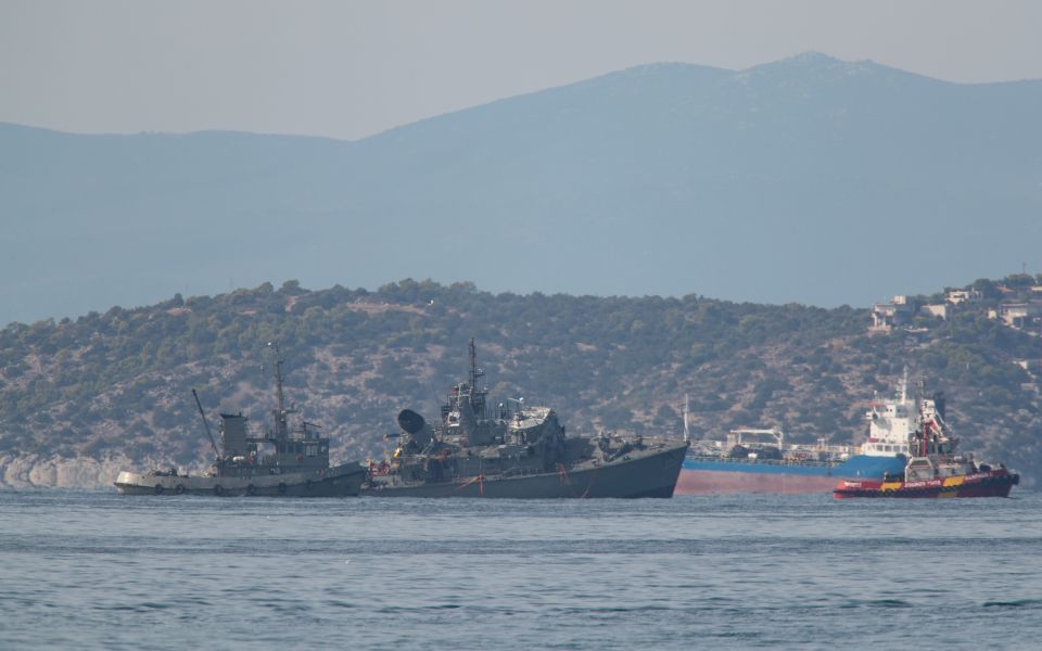 Greek navy minesweeper badly damaged after cargo ship collision
