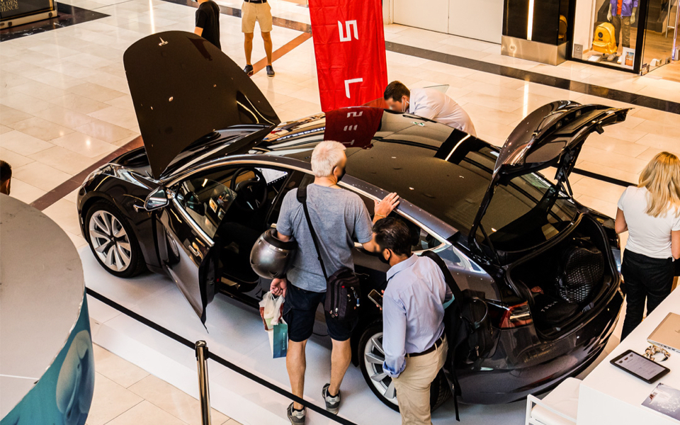 Tesla Model 3 cars on display at Golden Hall