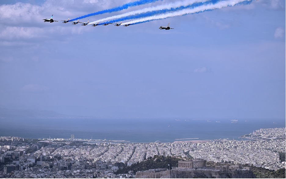 Departing French aerobatic team conduct Acropolis flyover