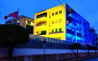 Embassy of Canada to Greece lit in colors of Ukraine