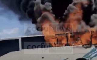 Intercity bus destroyed by fire; no casualties