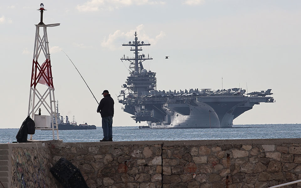 US aircraft carrier George H.W. Bush anchors off Faliro Bay