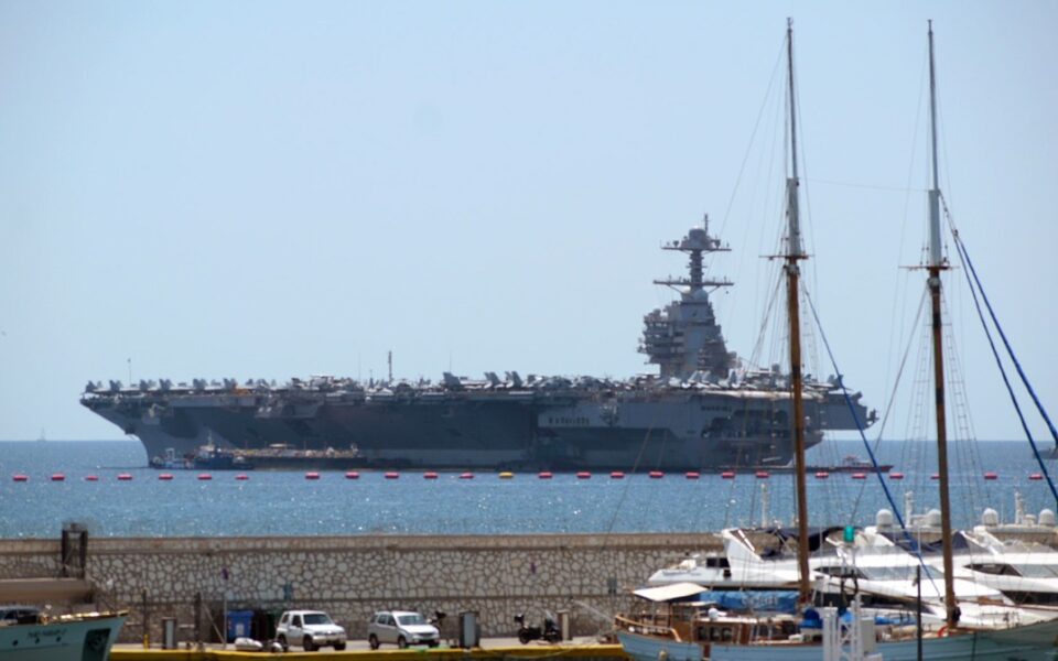 US aircraft carrier anchors in Faliro Bay