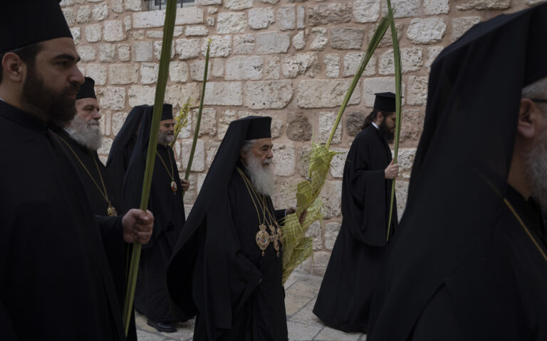 Greek-Orthodox Patriarch of Jerusalem leads Orthodox Palm Sunday procession